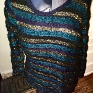 🦋 Chico’s Asymmetrical Blue, Purple, Black, Gold Striped LongSleeve Sweater L